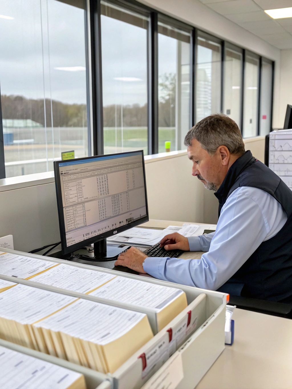 Logistics manager reviewing commercial invoices and shipping documents in a warehouse office